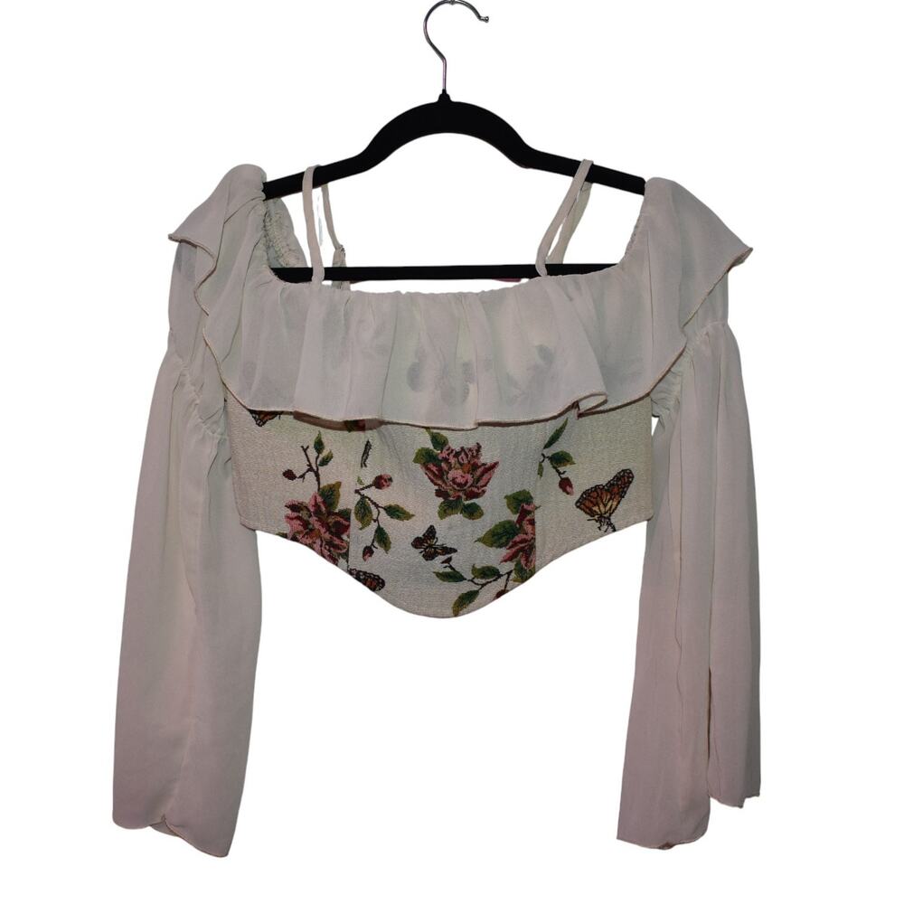 Cider Floral Butterfly Off Shoulder Crop Top Tapestry Ruffle Blouse Ren Fayre M
